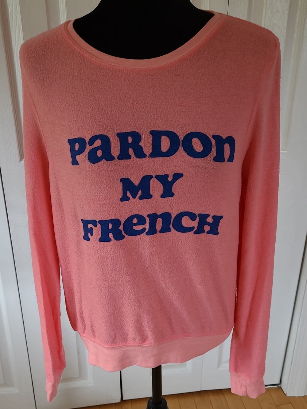 Orange Sweatshirt with Blue 'PARDON MY FRENCH' Graphic